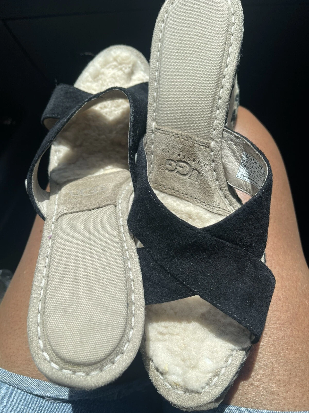 Sandali UGG Australia zeppa incrociata nero marrone scamosciato taglia 10 usati