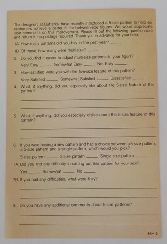VINTAGE BUTTERICK PATTERNS SURVEY POSTCARD QUESTIONS 1-8 DISCOLORED NEVER USED