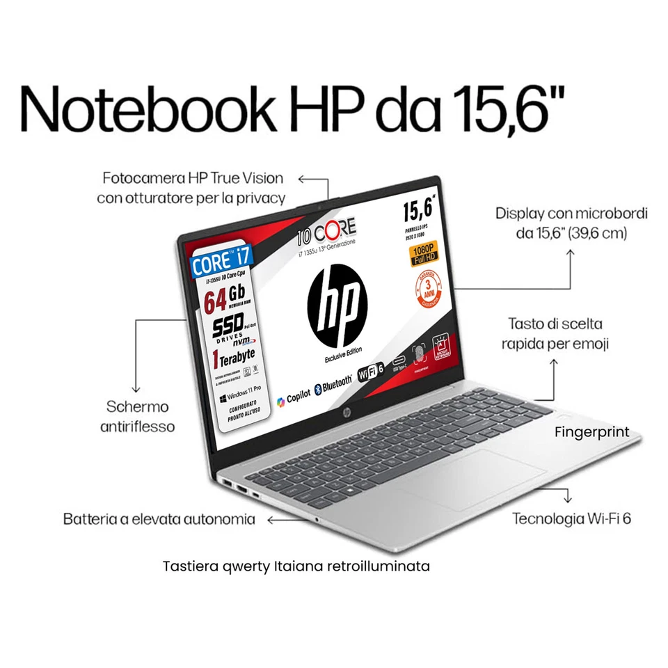 HP 250 G10 Intel i7 1355U SSD 1TB RAM 64GB 15,6" FullHD Win11 Pro Retro Fing - Immagine 2 di 4