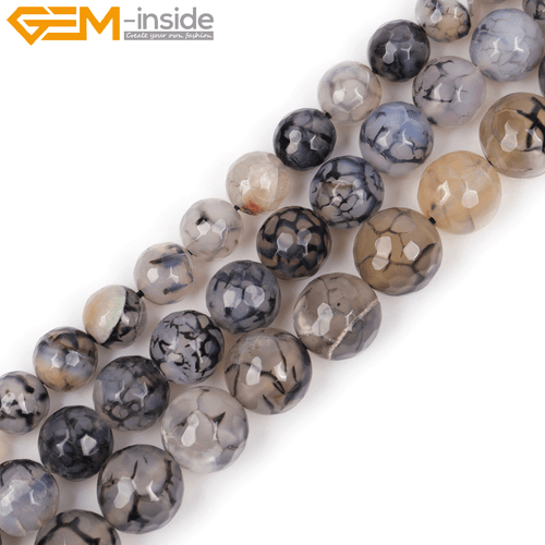 Faceted Black Dragon Veins Agate Gemstone Round Beads For Jewelry Making 15” - Picture 1 of 29