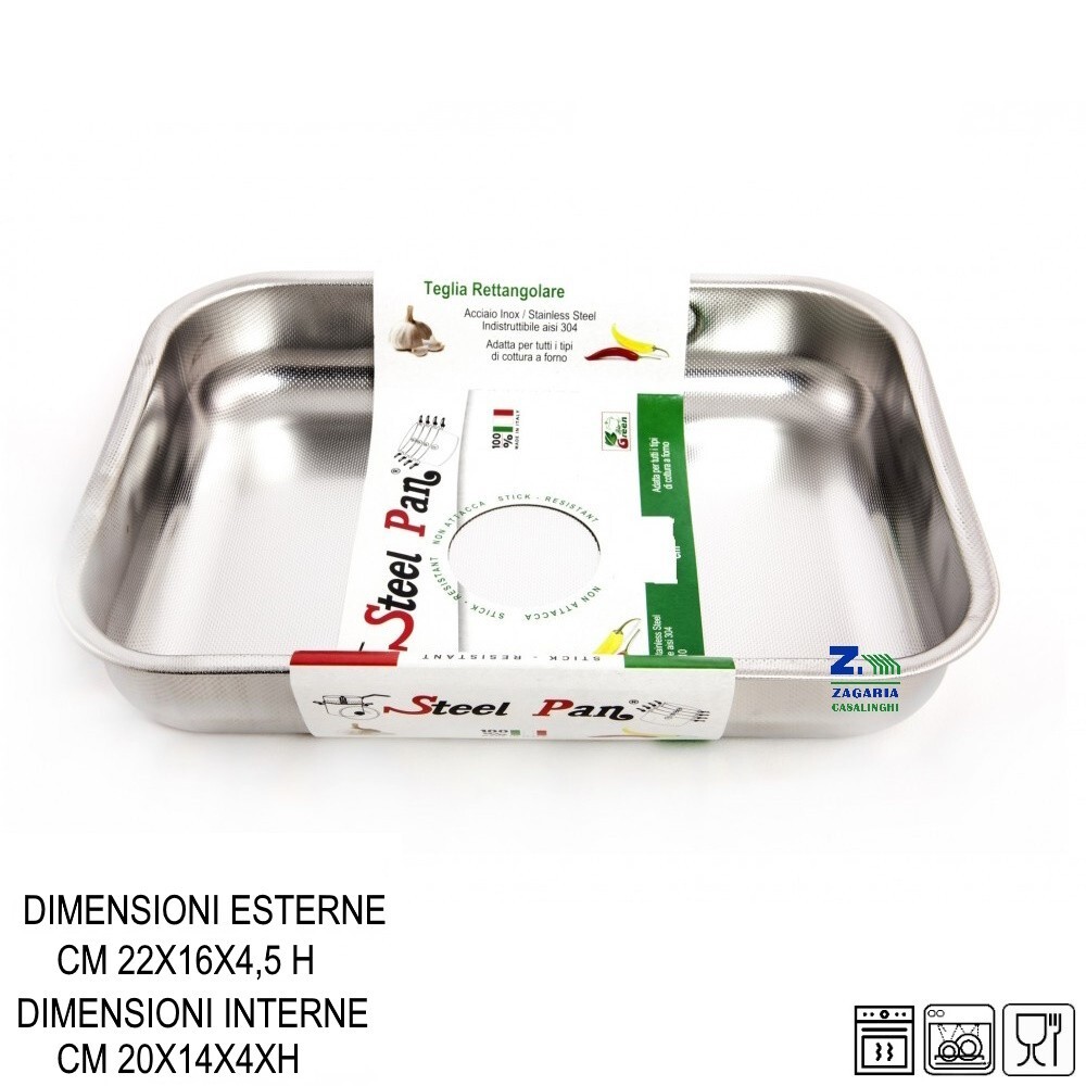 TEGLIA FORNO RETTANGOLARE CM 20X14X4 H ACCIAIO INOX ANTIGRAFFIO ANTIADERENTE