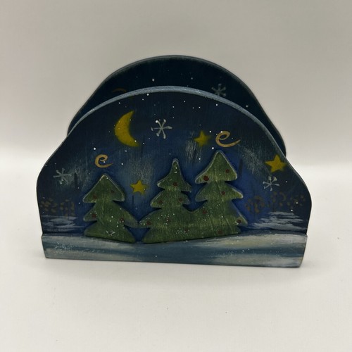Christmas Snowman Wooden Napkin Holder Blue w/Snowmen, Snowflakes & Trees - Picture 2 of 5