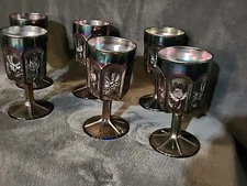 Cobalt Blue Carnival Panelled Thistle St. Clair 6 Wine Goblets VGC 5-5/8" Tall 