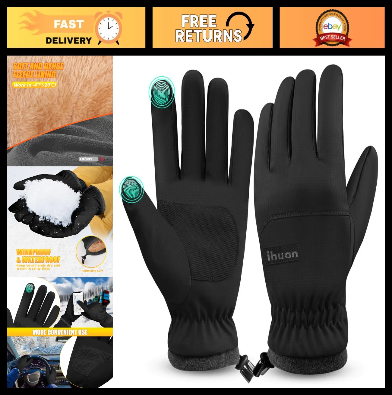 Winter Waterproof Ski Gloves for Men & Women - Warm Cold Weather Cycling, Biking