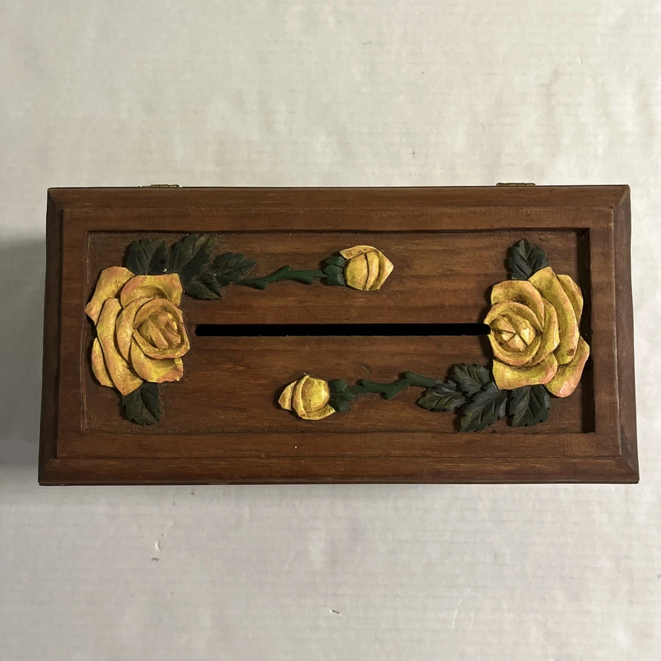 Vintage Hand Carved Wooden Tissue Box Holder Box Yellow Floral Boho Hippie - Image 4 of 4