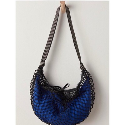 Free People Silver Springs Sling Bag Black Blue  Crochet Mini Crossbody NEW