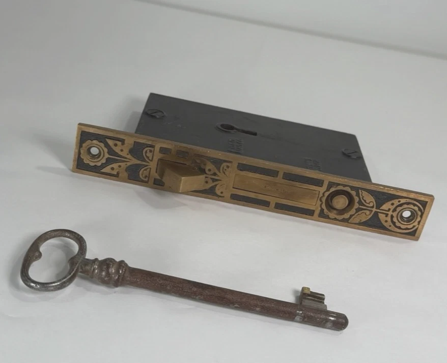 Antique Sliding Pocket Door with Key Mortise Lock Set – Vintage Architectural - Image 2 of 4