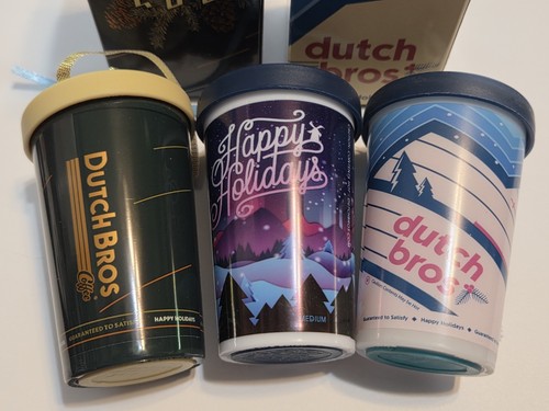 Lot of 3 Dutch Bros Coffee Cup 2017 2018 2019 Christmas Holiday Ornament *RARE* - Picture 2 of 2