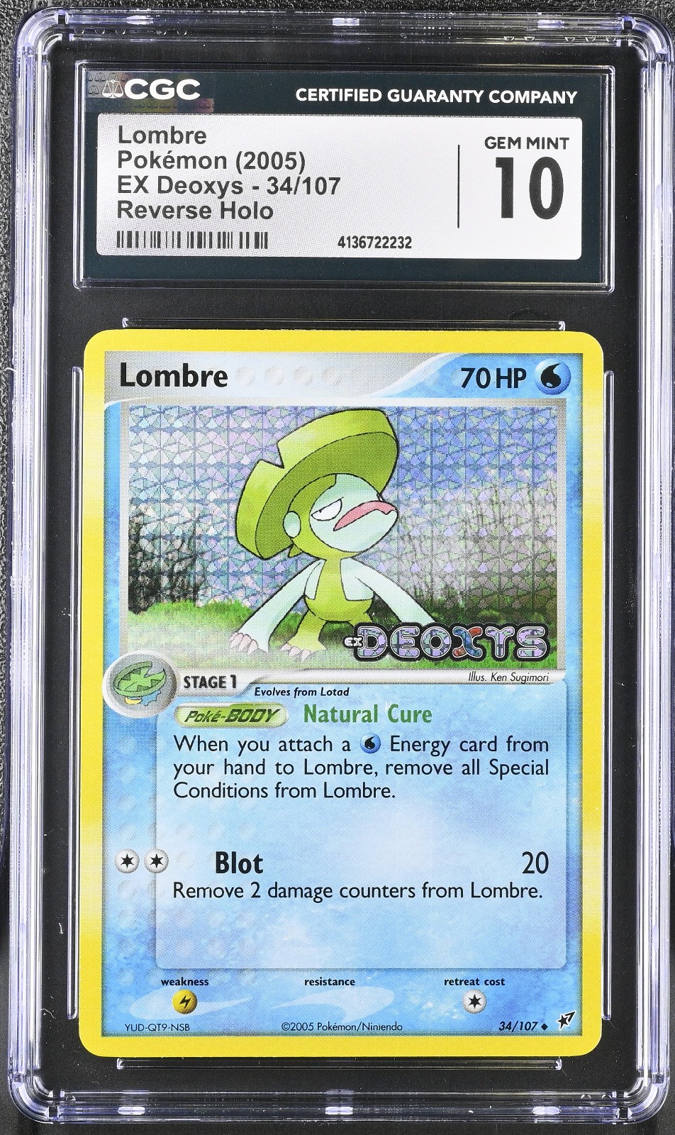 CGC 10 Gem Mint 2005 Pokemon EX DEOXYS LOMBRE Stamped Reverse Holo #34/107
