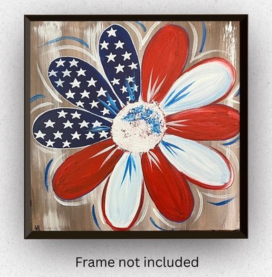 Hand Painted Patriotic USA Flower Acrylic 12x12  Canvas Panel Original