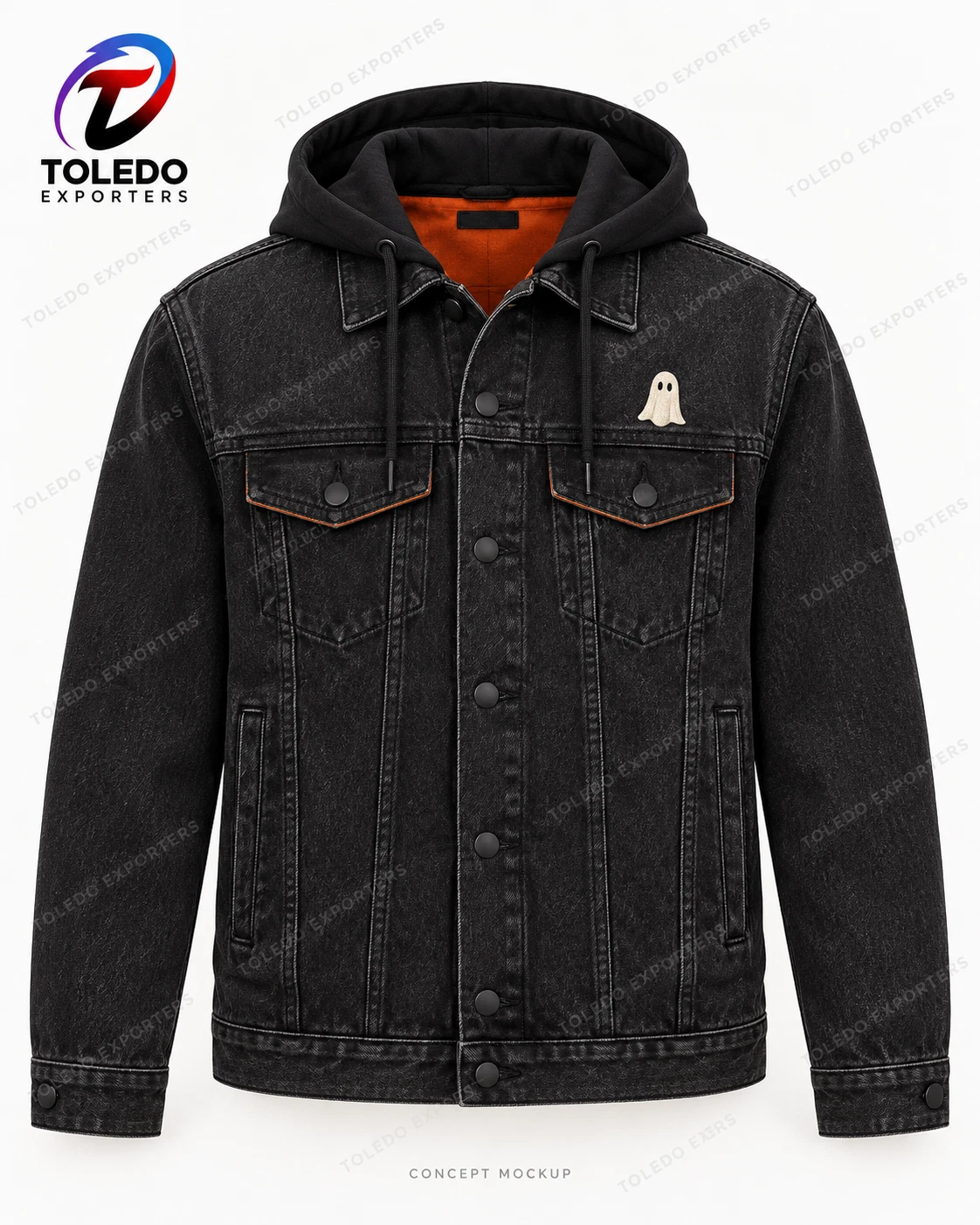 Black Hooded Ghost Denim Jacket with Orange Lining and Halloween Embroidery image 5