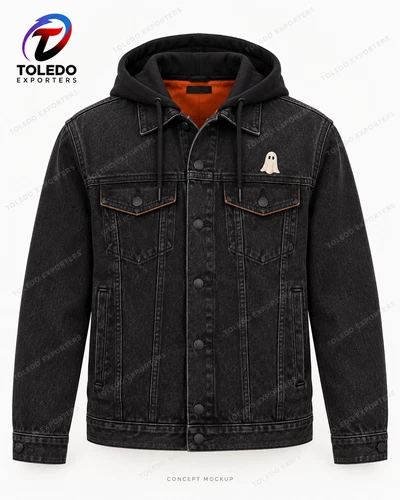Black Hooded Ghost Denim Jacket with Orange Lining and Halloween Embroidery image 5