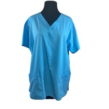 Dickies Womens V Neck Scrub Top Turquoise Blue Size L Cotton Blend Two Pockets