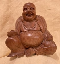 VTG Wood Laughing Buddha Statue Figure Hand Carved Happy Lucky Prosperity Decor