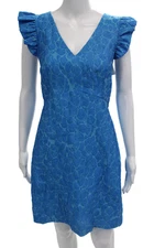 Trina Turk Women A-Line Floral V-Neck Short Sleeve Dress Zip Blue Size 6