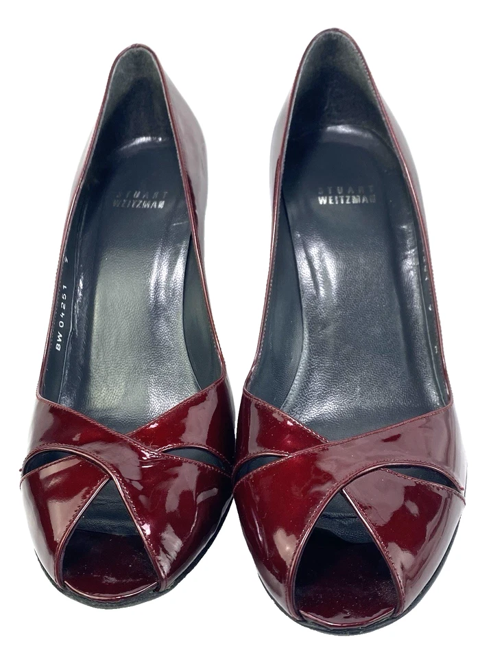 Stuart Weitzman Stiletto Pumps Women's Size 9M Patent Leather Peep Toe Burgandy - Image 2 of 4