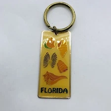 Florida Souvenir State Gold Tone Metal Keychain w/ Seashells