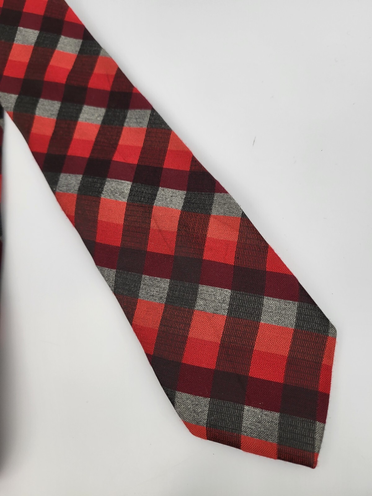Structure Polyester Tie Red Gray Black Plaid Geom… - image 3