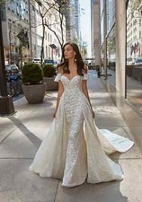 Luxury Mermaid Wedding Dress Strapless Drop Shoulder Lace Applique Bridal Gowns