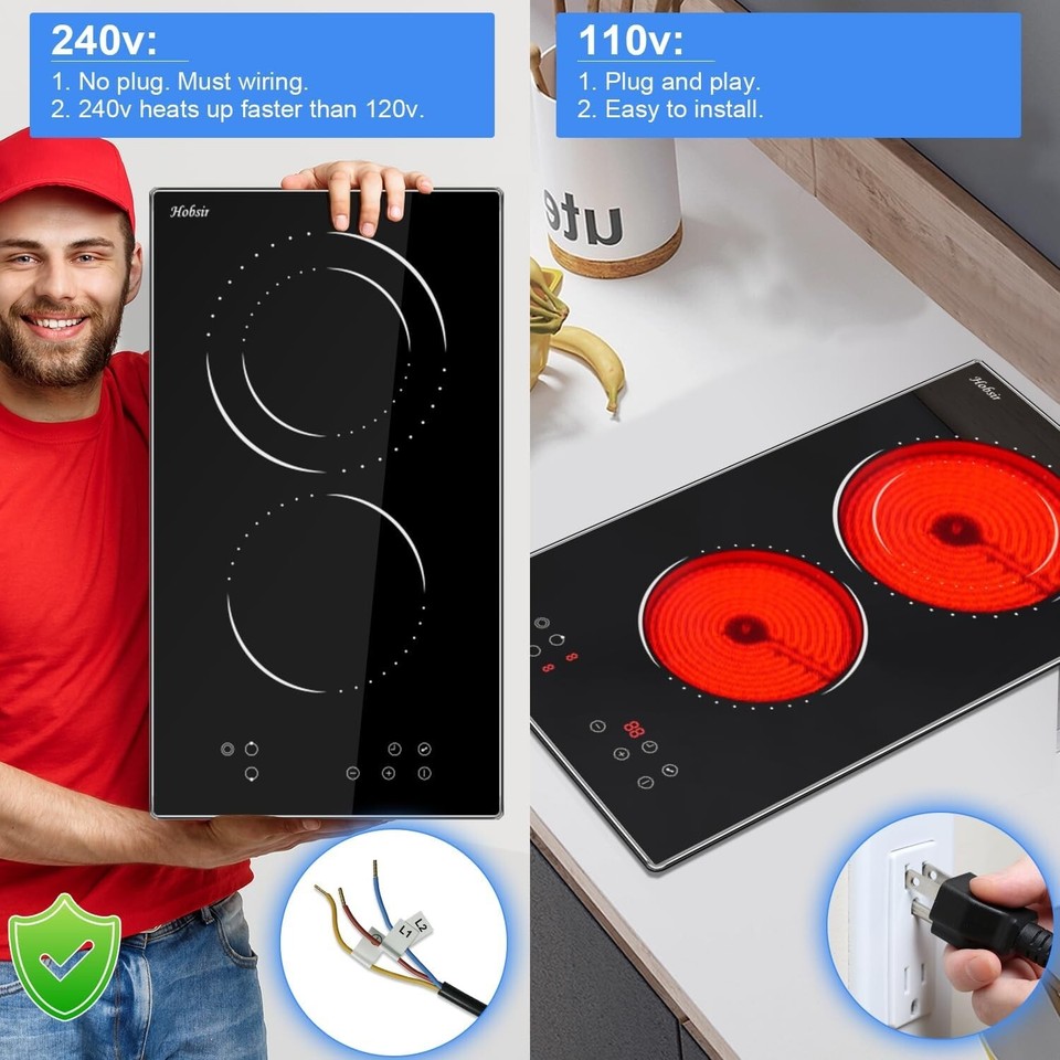 Hobsir hob 2 Burners Electric Cooktop 12 inch Radiant Electric Stove