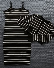 NWOT sz 8-10 Striped Spaghetti Strap Midi Dress+Crop Cardigan Stretch Side Slits