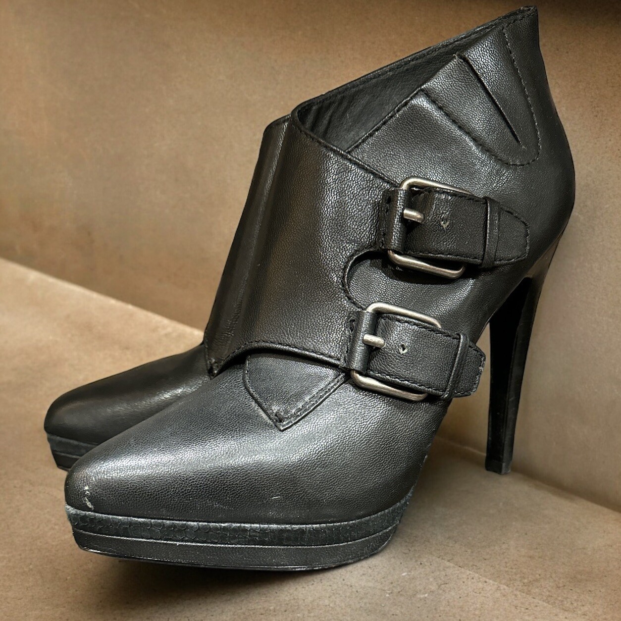 Pelle Moda black calf high heel Belted boots Women's Size Heeled