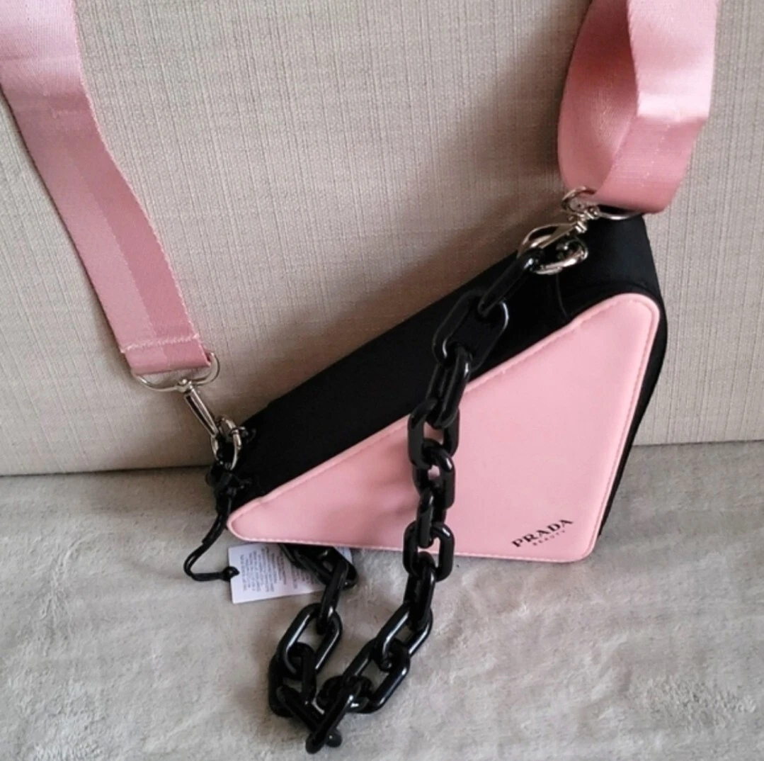 PRADA Beauty Triangle Crossbody Chain Bag Pink Logo Makeup Cosmetic Pouch  Purse