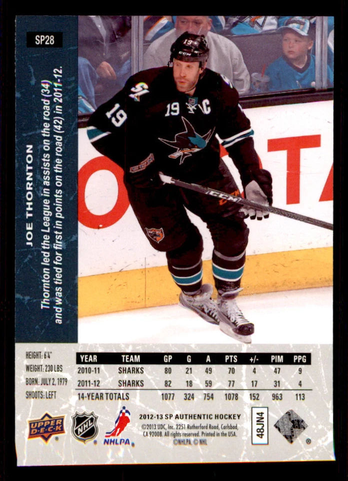 2012-13 SP Authentic 1994-95 SP Retro #SP28 Joe Thornton - Image 2 of 2