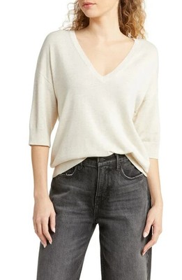 NEW Treasure & Bond Lightweight V Neck Short Sleeve Sweater Beige Oatmeal SZ 2X