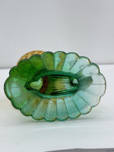 2 Cornucopia Vase Green Gold Jeannette Glass Bouquet Vintage Pressed Retro Nice - Picture 6 of 6
