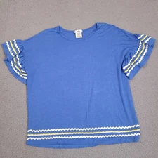 Isela Shirt Womens Small Blue Ruffled Sleeve Scoop Neck Boxy Fit  Boho Top