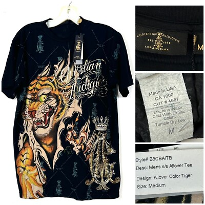 Christian AUDIGIER Women Tiger Designs  T-Shirt Size Medium Black MADE IN USA