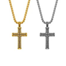 Men's Vintage Stainless Steel Religious Cross Pendant Necklace 24" Link Chain