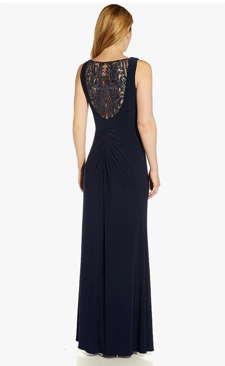 strapless open back dress Crepe Midi Length Sheath Dress With Pearl Trimmed Sleeves In Navy  Sateen-Navy Sateen / Regular / 0