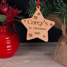 Personalised Wooden Baby's First Christmas Star Tree Decoration Bauble Gift 