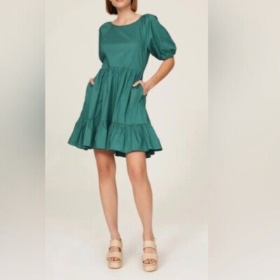 Peter Som Puff Sleeve Dress MIDI Teal Green