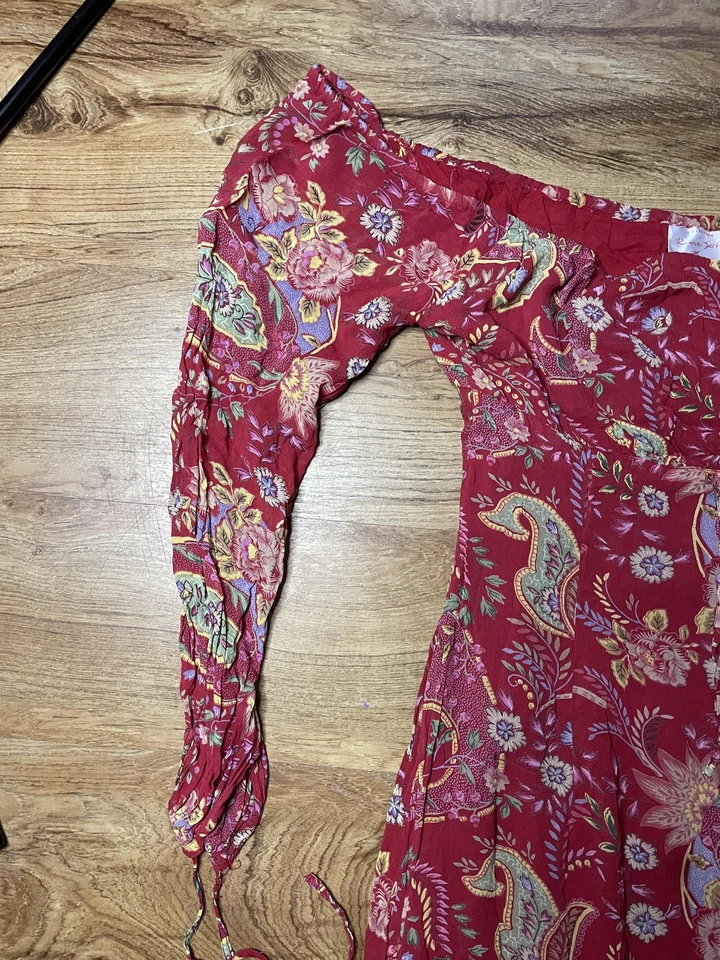 Vestido Rene Derhy Para Mujer 6 Rojo Boho Hombro Descubierto Maxi Flecos Dobladillo Cachemira Floral Foto 4 de 4