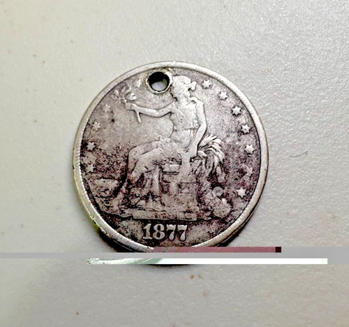 1877 Trade Silver Dollar Silver Coin Holed Perfectly For Keychain.