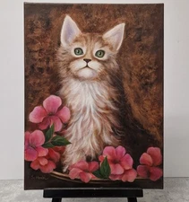 Cat art Painting Kitten in Flowers Original Oil Painting Animal for Cat Lovers