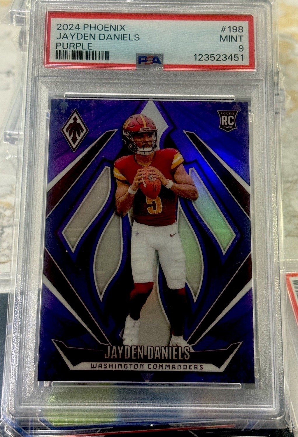 2024 PANINI PHOENIX PURPLE FADE #198 JAYDEN DANIELS ROOKIE RC PSA 9