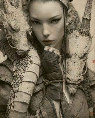 Stone Dragon Maiden in Carved Armor with Black Gloves Print - 773009054