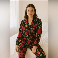 Natori Floral Long Sleeve Satin Notch Button Down PJ Pajama Lounge Set Medium