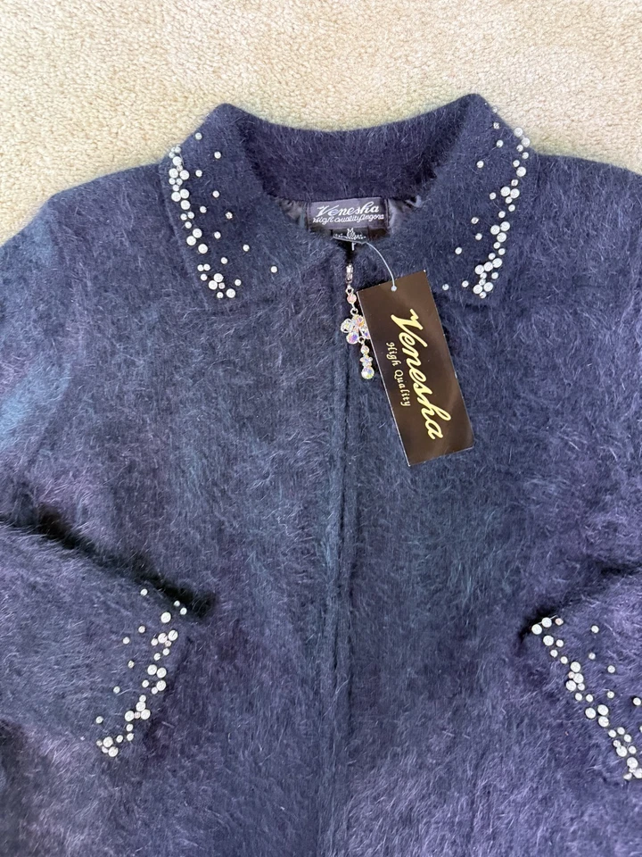 Venesha Alta Calidad Angora Suéter Chaqueta Cárdigan Cremallera Negro Talla Mediana E601 Foto 2 de 4