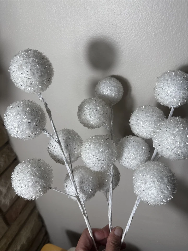 6 Pc White & Silver Tinsel Balls Wired Christmas Floral Pick Craft Supplies - Image 4 of 4
