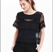 NWT Banana Republic scallop lace blouse short sleeve crop top sheer black xsmall