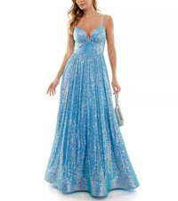 B Darlin Juniors' All Over Sequin Ball Gown Periwinkle Iridescent 3/4