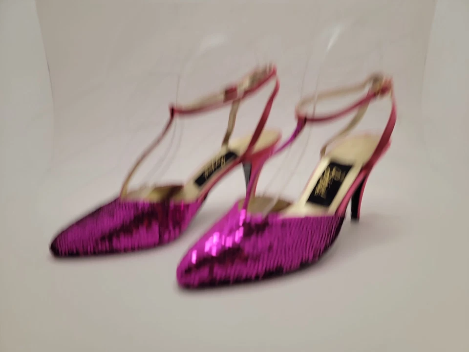 Винтажный бижутерия! Пурпурный блестками с ремешками острый слинга назад каблуки размер 8 М - Изображение 3 из 4