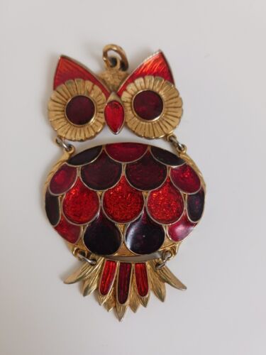 Vintage Red Enamel Movable Owl Pendant Large