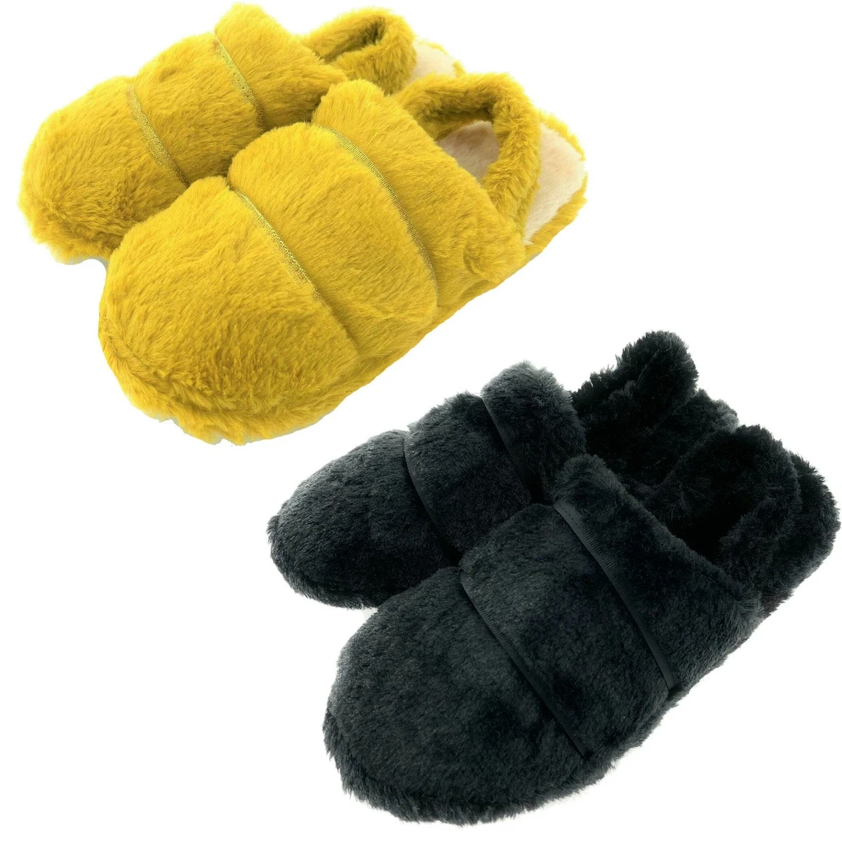 Ladies Fluffy Faux Fur Sliders Mules Slip On Women Slippers Elasticated Strap