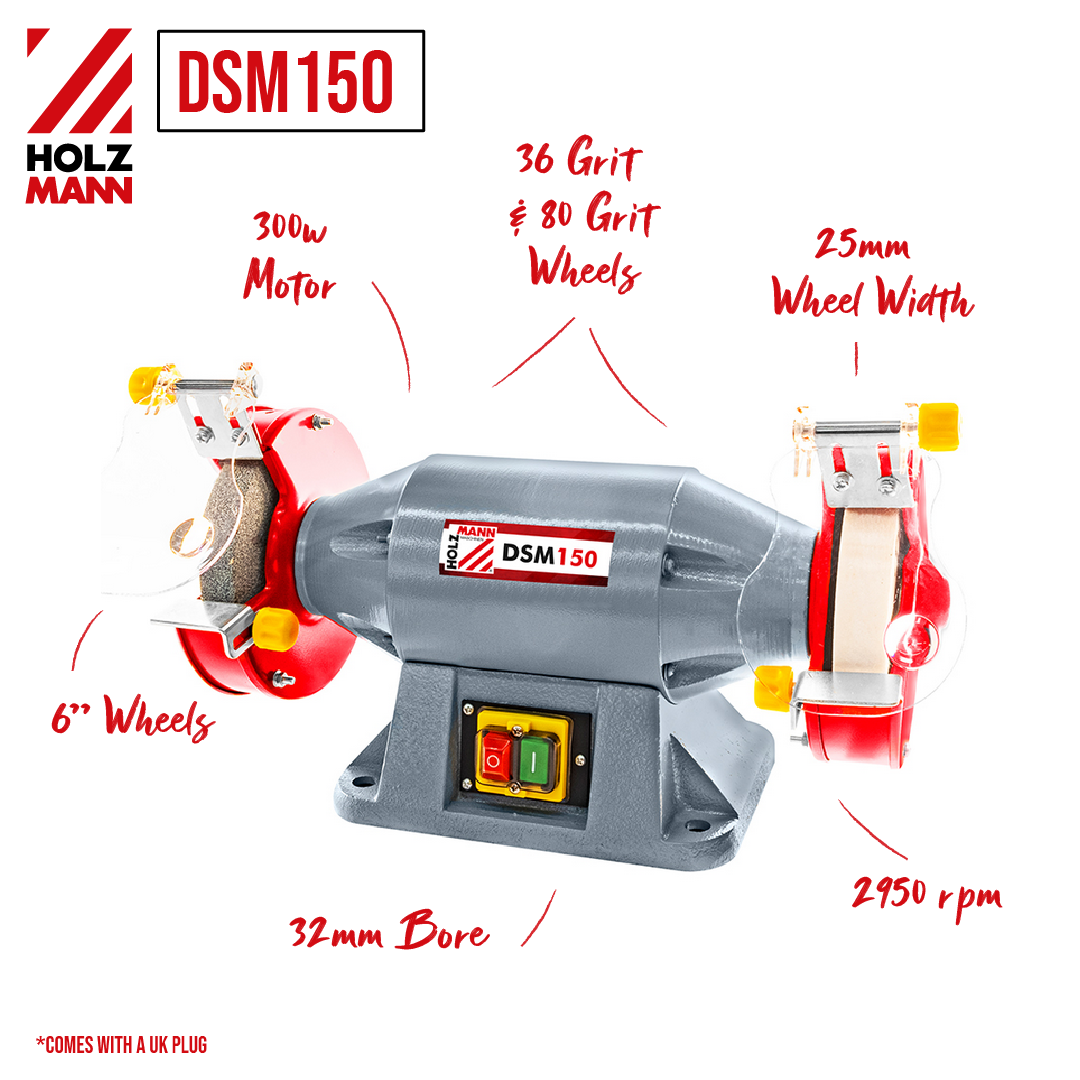 Holzmann 6"" Bench Grinder DSM150 300W 150x25mm Wheels 36g & 80g 230V